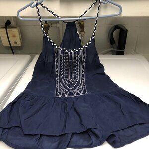 Navy blue & white embroidery front top; braided strap, cool summer top